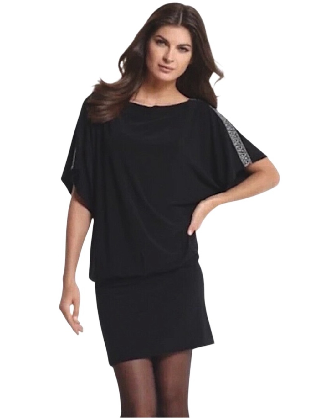 WHBM Short Dolman Sleeve Blouson Dress with Embellished Jeweled Shoulder Detail